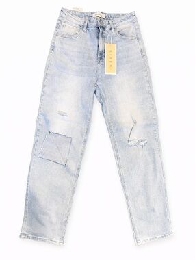 Risen High Rise Distressed Straight Leg Jeans Size 13 Light Wash Denim NWT